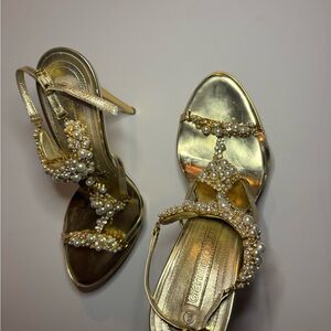 Gianmarco Lorenzi Gold Pearl-Embellished Strappy Heeled Sandals